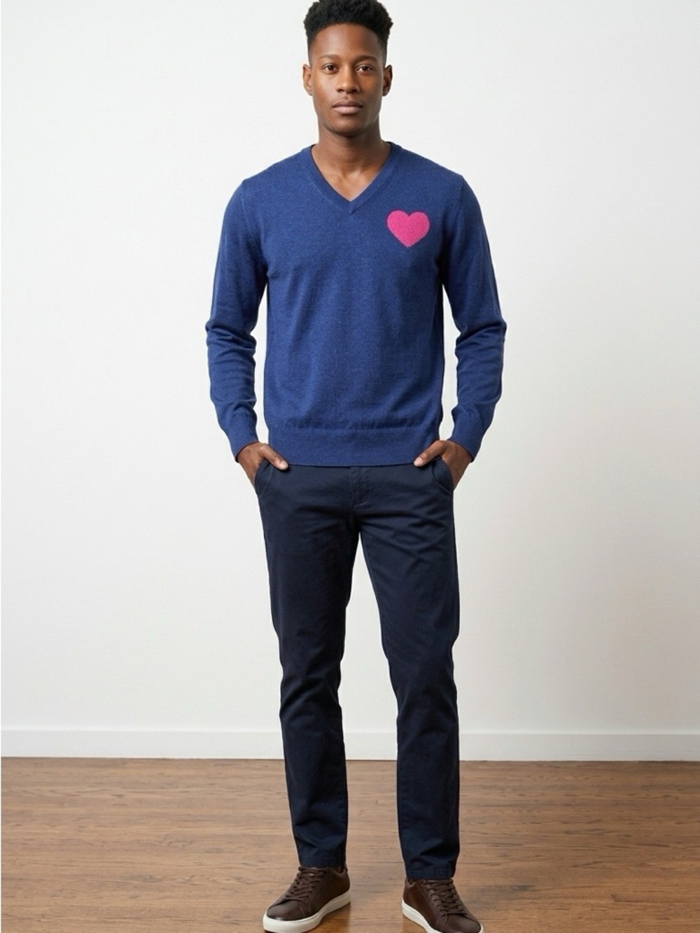 Mr. Turk Men's Navy V-Neck Sweater with Pink Heart